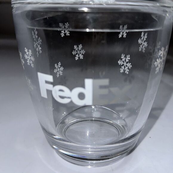 Clear thick Lucite plastic FedEx lidded candy dish with white snowflake design - Picture 2 of 6